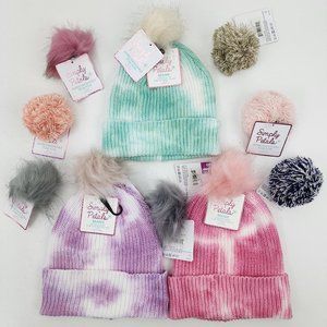 Simply Petals Womens Pink Purple Mint Green Tie Dye 3 Knit Beanie Caps & 10 Poms